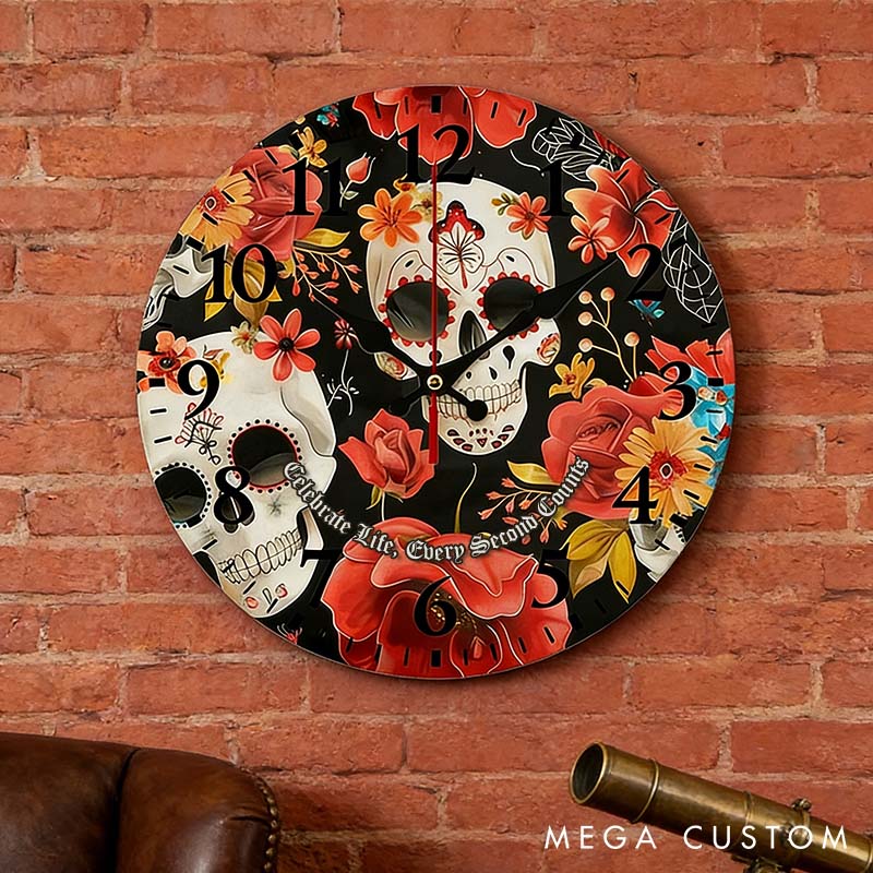 Personalized Skull Couple Celebrate Life Every Second Counts Wall Clock Custom Retro Gothic Style 3D Effect Wall Clock Anniversary Valentines Day Gift