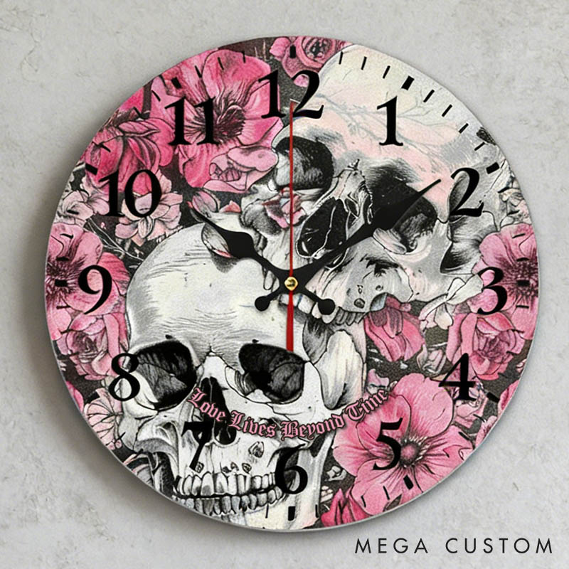 Personalized Floral Skull Couple Love Lives Beyond Time Wall Clock Custom Retro Gothic Style 3D Effect Wall Clock Anniversary Gift Valentines Day Gift
