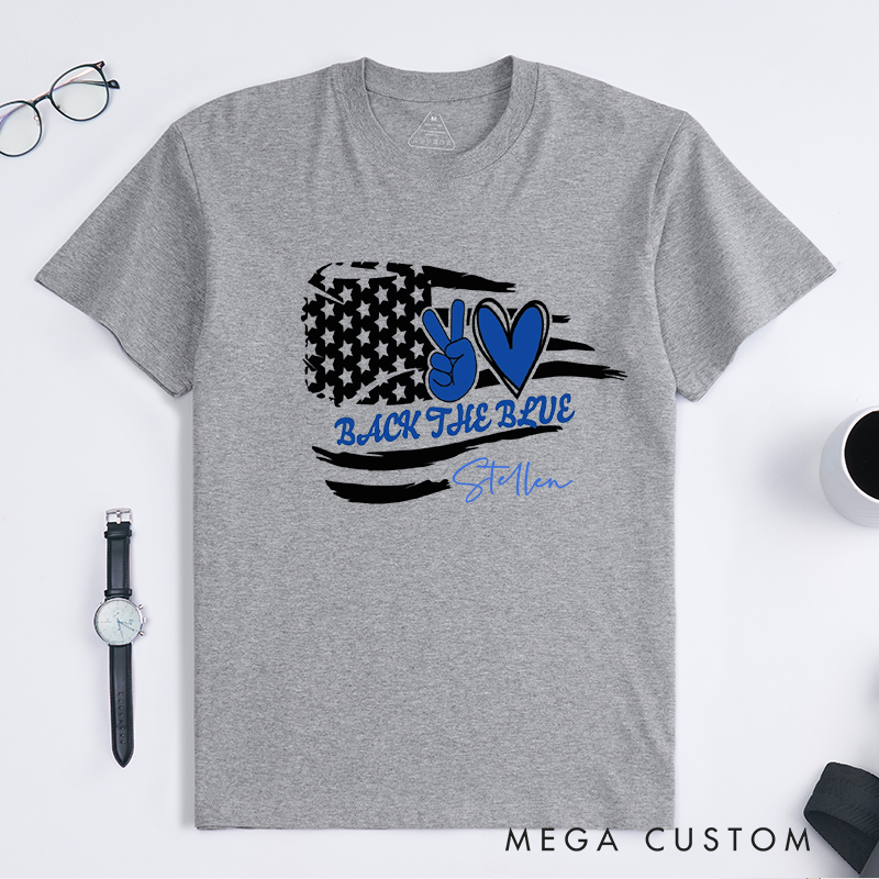 Personalized Police Back the Blue Peace and Love Custom Design Gift for Police Officer T-Shirt