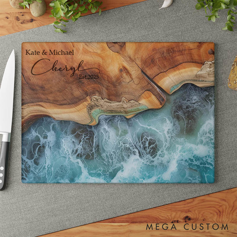 Personalized Ocean-Inspired Resin Cutting Board Custom Maple Ocean Charcuterie Board with Couple Name Wedding Gift