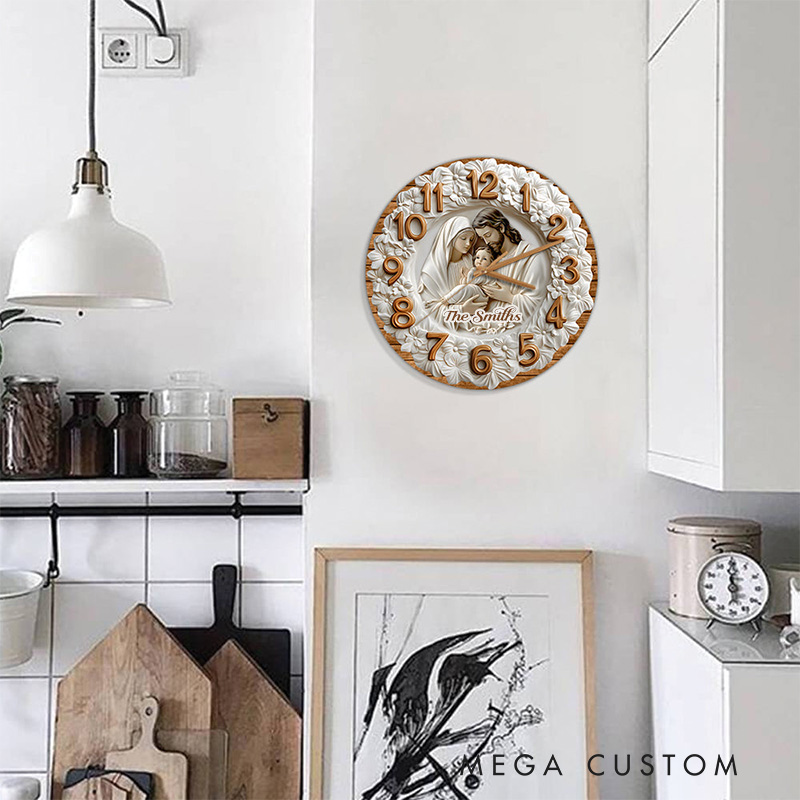Personalized the Holy Family Wall Clock with Custom Family Name Graphic 3D Printed Wall Clock Home Decor Religious Gift for Christians
