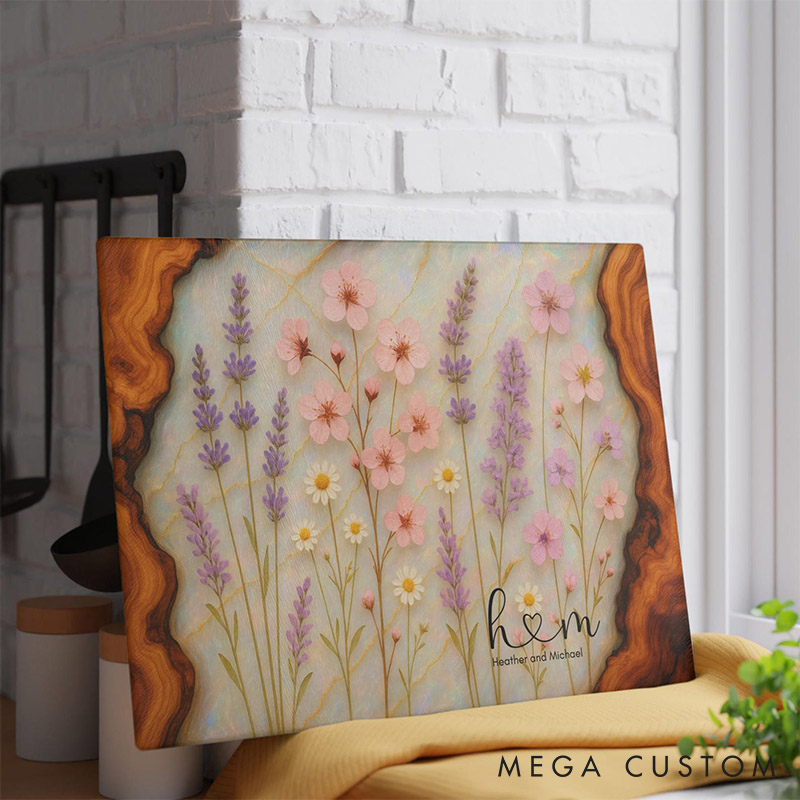 Personalized Floral Wooden Cutting Board Wildflower Glass Charcuterie Board for Couple Custom Initials Maple Design Cutting Board