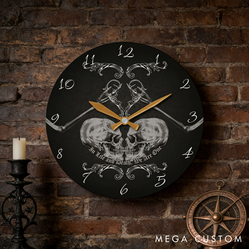 Personalized Skull Couple In Life and Death We Are One Wall Clock Custom Retro Gothic Style 3D Effect Wall Clock Anniversary Gift Valentines Day Gift