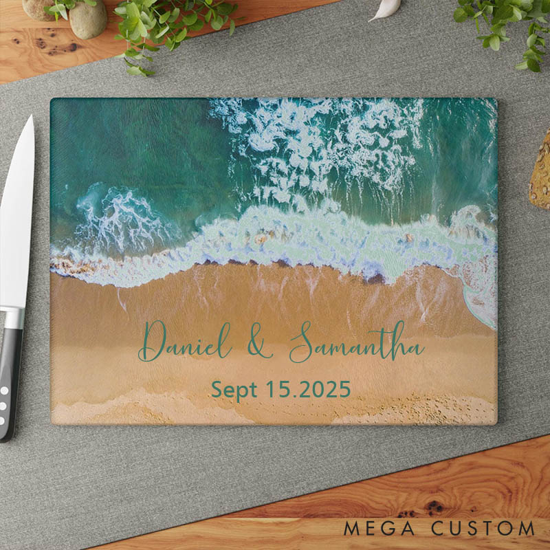 Personalized Beach-Themed Cutting Board Glass Anniversary Cutting Board Couples Wedding Chopping Block Bridal Shower Charcuterie Gift