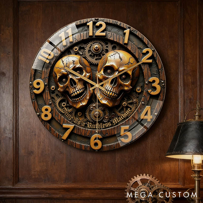 Personalized Skull Couple Time Is a Ruthless Machine Acrylic Wall Clock Custom Imitation Wood 3D Effect Wall Clock Anniversary Valentines Day Gift