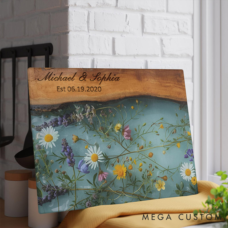 Personalized Rustic Wildflower Cutting Board Glass Charcuterie Cutting Board Maple Wildflower Wedding Gift Board for Couple