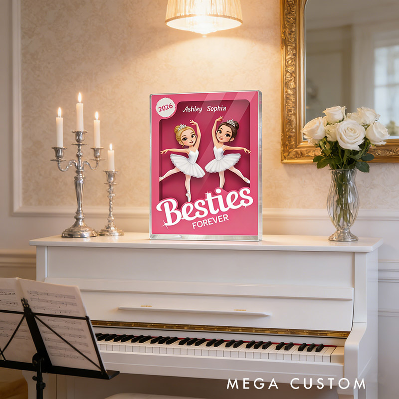 Personalized Besties Forever Pink Ballet Action Figure Acrylic Block Plaque Customizable with Photos and Names Meaningful Gift For Best Friend Dance Lovers