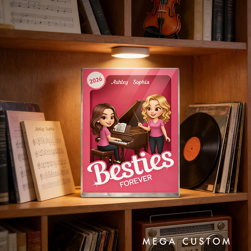 Personalized Besties Forever Pink Action Figure Acrylic Block Plaque Customizable with Photos and Names Meaningful Gift For Best Friend Piano Lovers Music Lovers