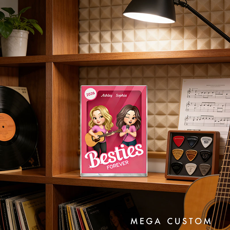 Personalized Besties Forever Pink Action Figure Acrylic Block Plaque Customizable with Photos and Names Meaningful Gift For Best Friend Guitar Lovers Music Lovers
