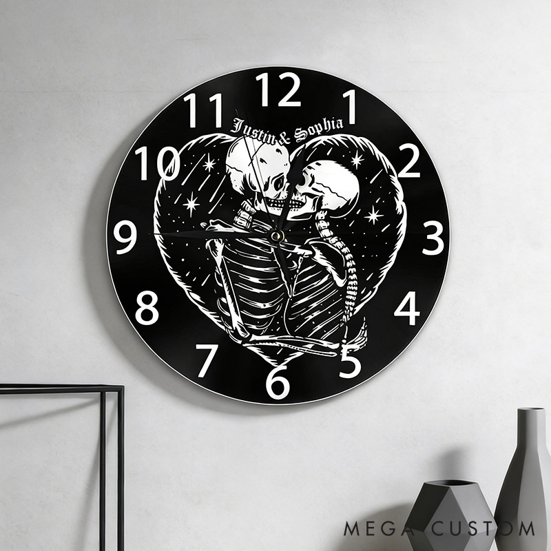 Personalized Skeleton Couple Embracing Wall Clock Custom Couple Till Death Do Us Part Wall Clock with Name Anniversary Valentines Day Gift for Him Her