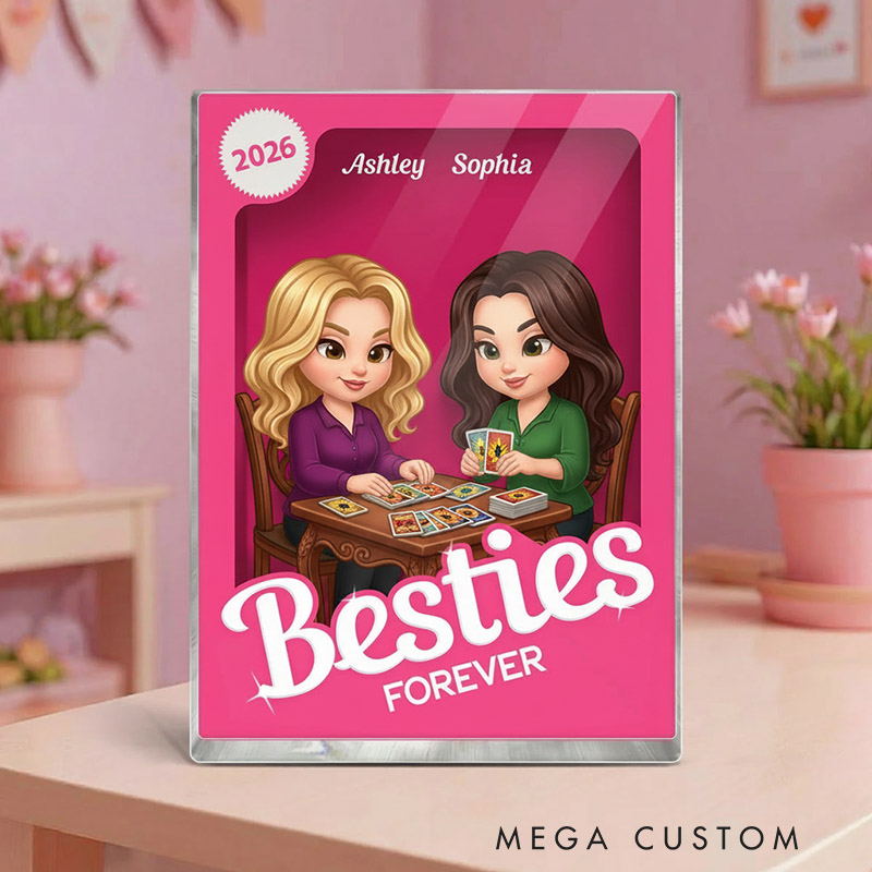 Personalized Besties Forever Pink Action Figure Acrylic Block Plaque Customizable with Photos and Names Meaningful Gift For Best Friend Tarot Lovers Magic Lovers