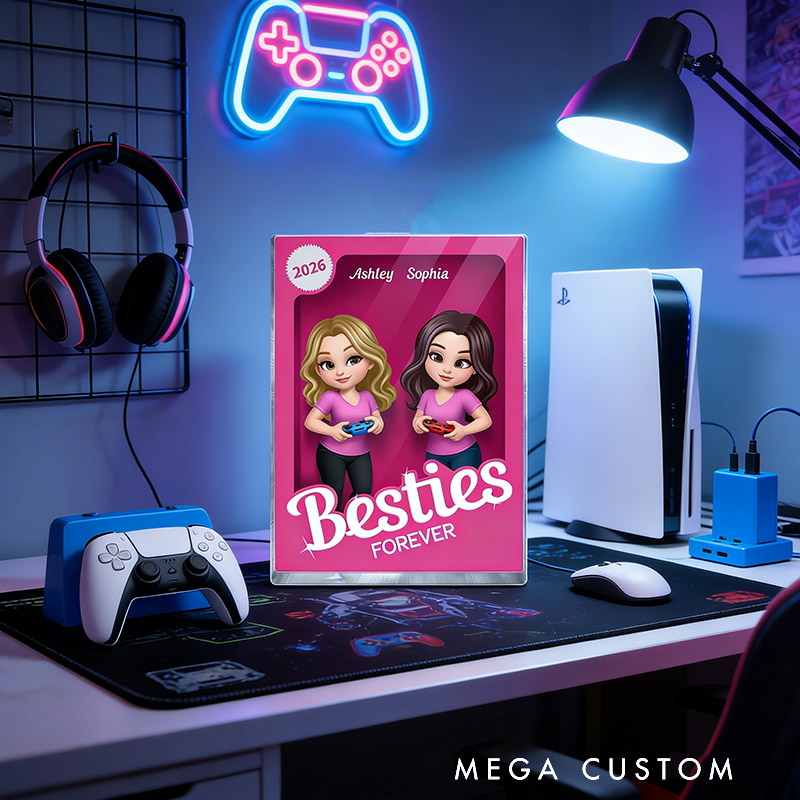 Personalized Besties Forever Pink Action Figure Acrylic Block Plaque Customizable with Photos and Names Meaningful Gift For Best Friend Game Lovers
