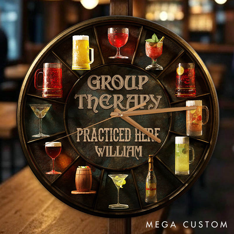 Personalized Man Group Therapy Practiced Here Wall Clock Custom Boyfriend Husband Alcohol Enthusiast Wall Clock Anniversary Valentines Day Gift