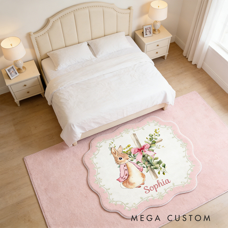 Personalize Floral Bow Cross Rabbit Rug with Custom Name Home Decor Religious Rug Faith Based Gift Easter Gift Christian Gift for Kids