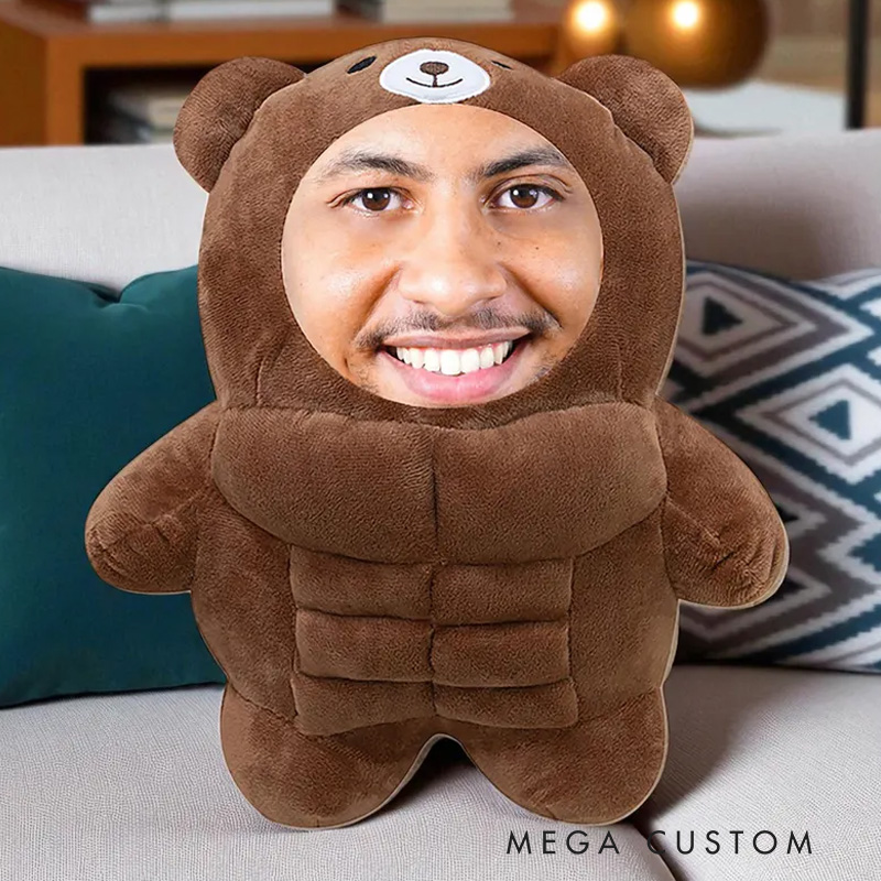 Personalized Muscle Bear Plush Toy Custom Face Stuffed Animal Pillow for Friends Gym Rat Gym Lovers