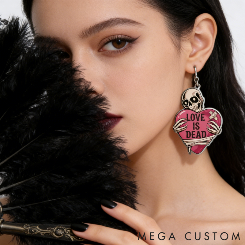 Personalized Acrylic Skull Heart Statement Earrings Dark Sweet Goth Style with "LOVE IS DEAD" for Edgy Fashion Fans