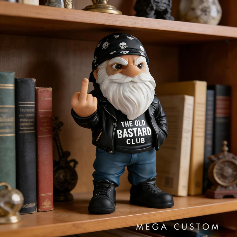 Rebel Biker Gnome Statue - "The Old Bastard Club" Resin Desk Decor