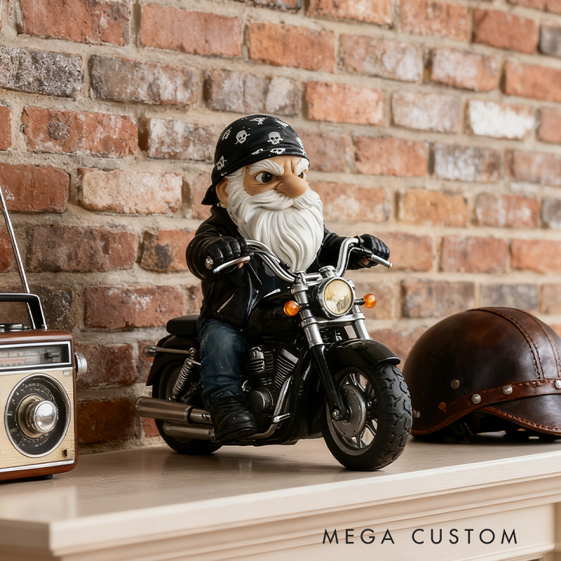 Biker Gnome on Motorcycle Statue - Resin Decor for Garage/Man Cave