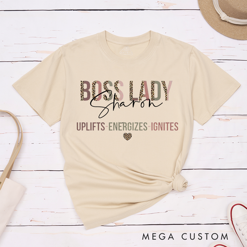 Personalized Leopard Print Retro Boss Lady T-Shirt She Uplifts Energizes Ignites Inspirational Design
