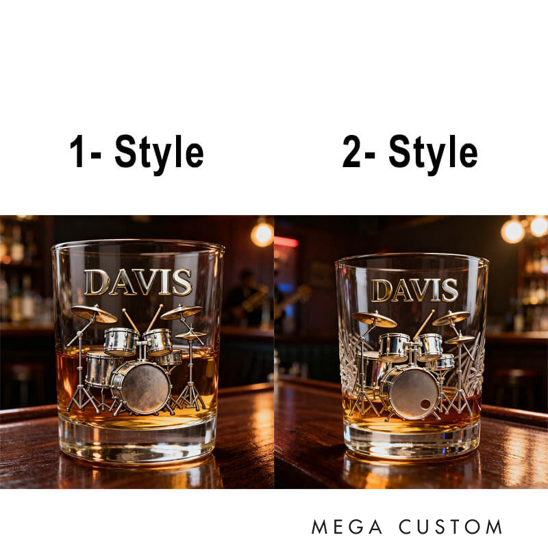 Personalized Drum Set Themed Whiskey Glass with Custom Text Whiskey Glass Engraved Glasses Gift for Music Lovers