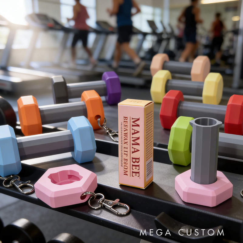 Personalized 3D Printed Dumbbell Key Chain Lip Balm Holder ChapStick Backpack Key Ring Gym Bag Sports Container Cute Fitness Workout Unique Creative Gift for Coach Trainer Gym Lover