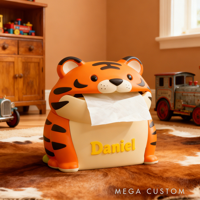 Personalized 3D Printed Tiger Tissue Box Cover - Custom Name Animal-Themed Home Decor