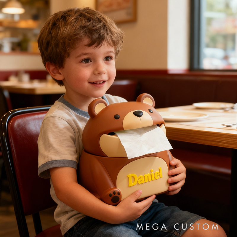 Personalized 3D Printed Bear Tissue Box Cover - Custom Name Kids' Room Organizer