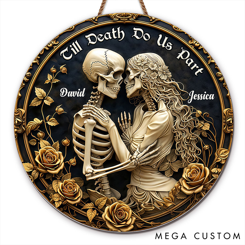 Personalized Till Death Do Us Part Love Forever Skulls And Roses Design Wood Sign Gift For Couples and Romantic Partners