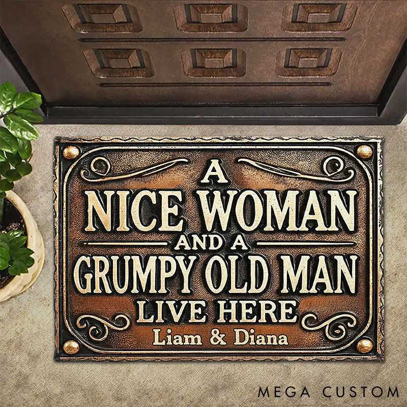 Personalized A Nice Woman And A Grumpy Old Man Live Here Vintage Design Custom Doormat Gift For Homeowners And Couples