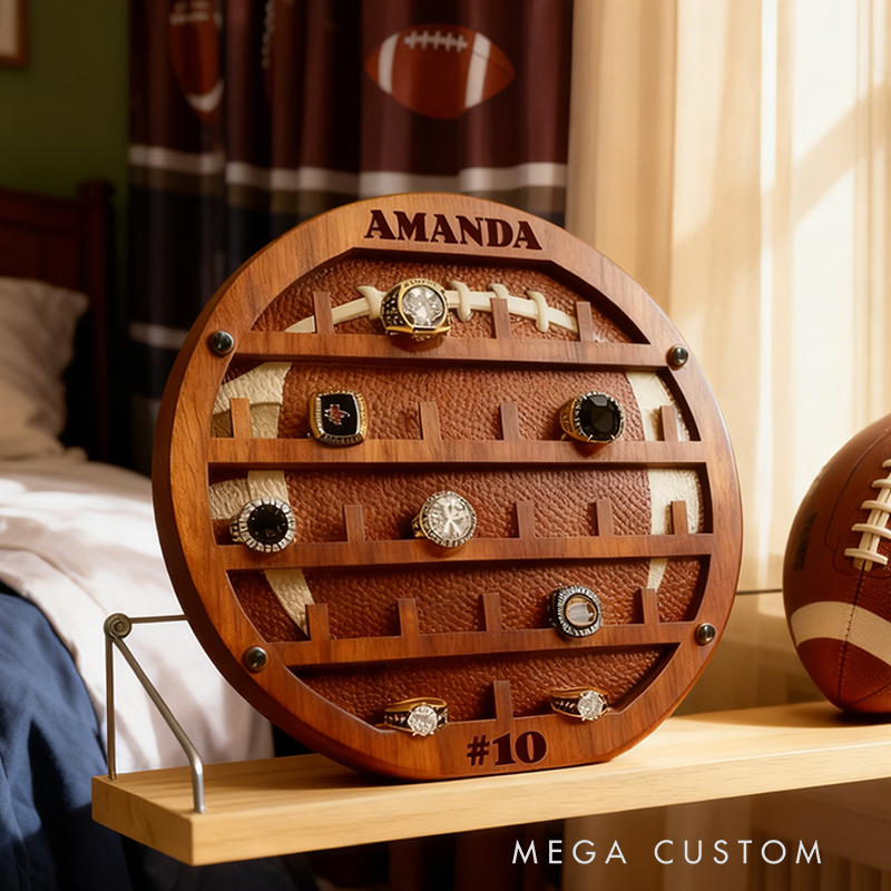 Personalized Football-Shaped Wooden Ring Display Rack - Custom Engraved Sports Trophy Holder