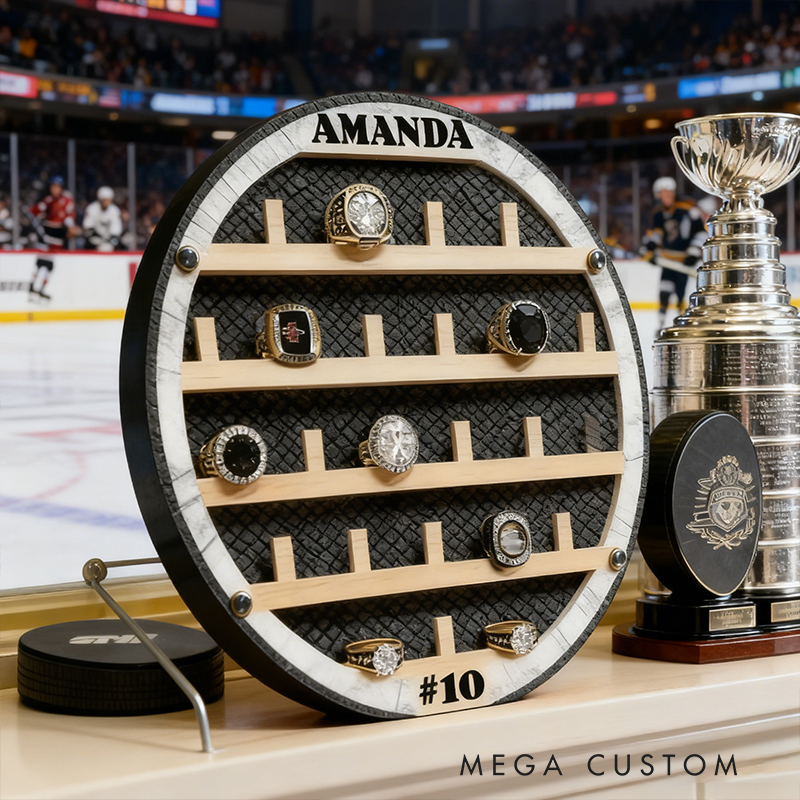 Hockey Puck-Shaped Wooden Ring Display Rack - Custom Engraved Championship Ring Holder