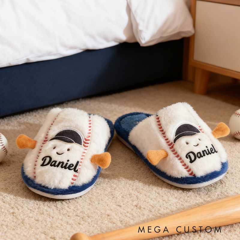 Personalized Custom Name Baseball Plush Slippers - Personalized Kids' Indoor Shoes with Smile Face Design
