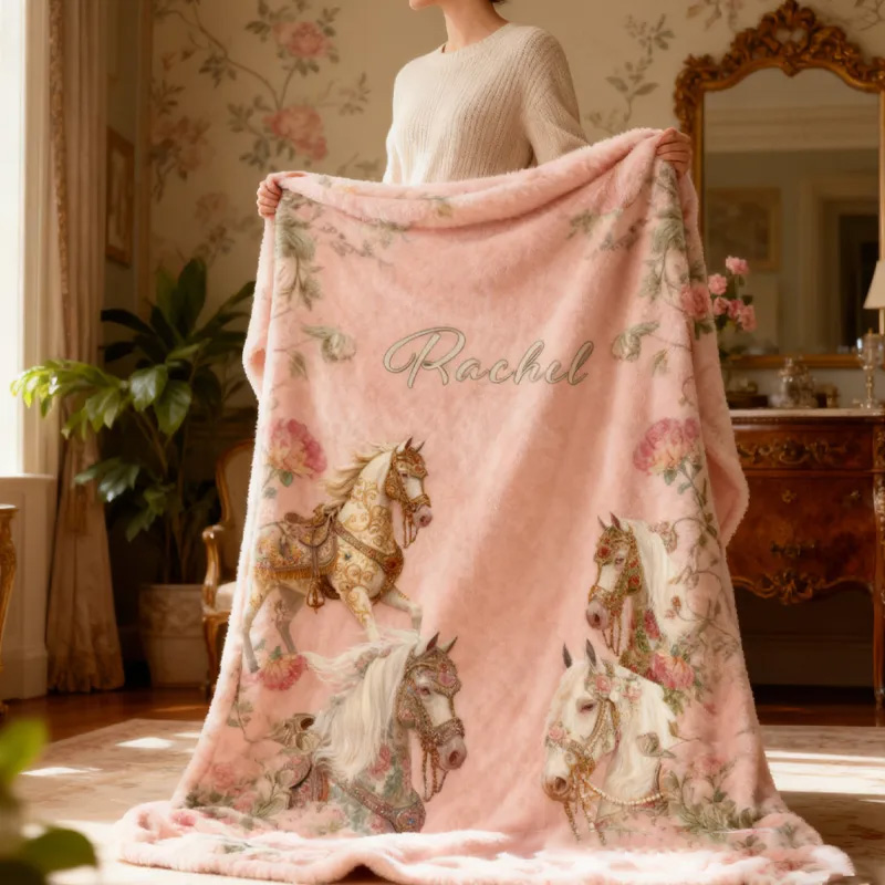 Personalized Riding Floral Blanket Floral Horse Custom Name Festive Flower Decor with French Countryside Gifts Family Blanket for Riding Lovers Equestrian Lovers