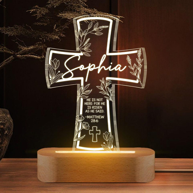 Personalized He is Risen Cross Wooden Base Acrylic LED Night Light with Custom Name Bibel Verse Night Light Religious Gift Easter Gift