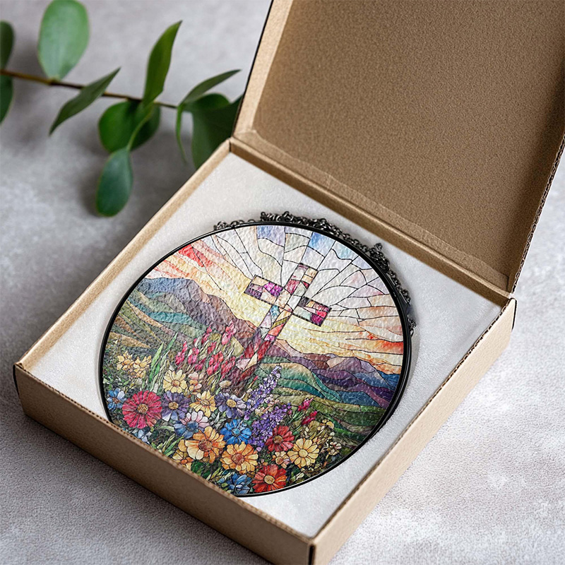 Personalized Cross and Wildflowers Stained Glass Suncatcher Ornament with Name Window Balcony Hanging Decor Christmas Home Decor Religious Gift