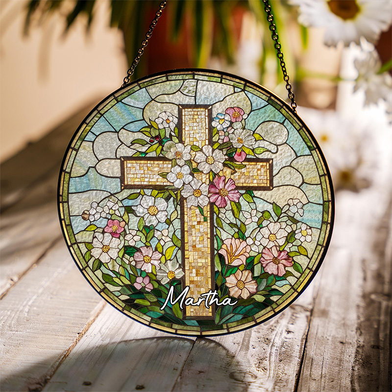 Personalized Cross Wildflowers Stained Glass Suncatcher Ornament with Name Window Hanging Decor Christian Home Decor Religious Gift for her