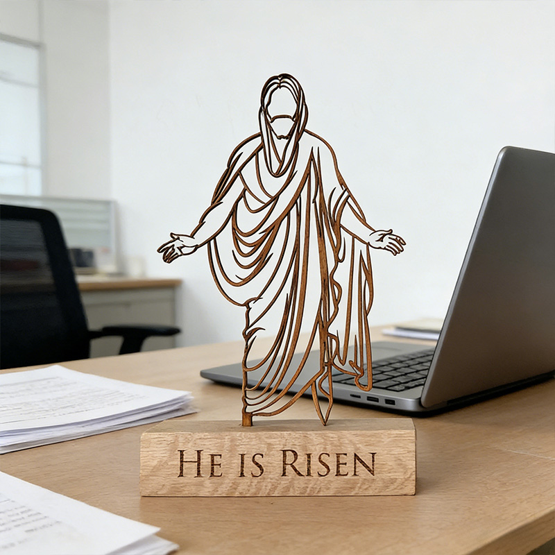 Personalized He is Risen Jesus Art Wooden Plaque with Engraved Text Desktop Decor Religious Gift Easter Gift for Jesus Lover