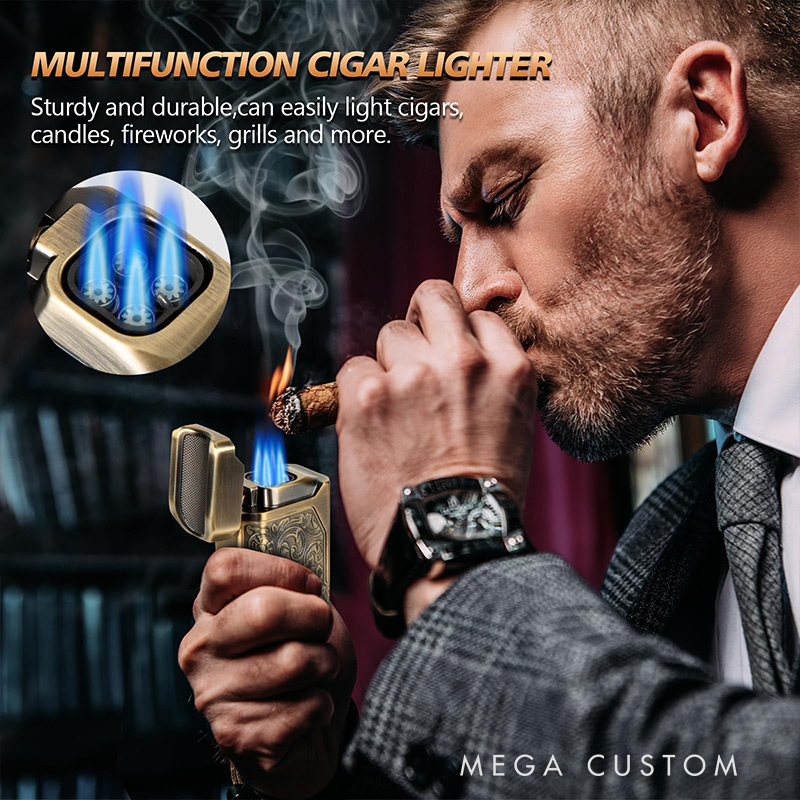 Personalized Cigar Torch Lighter 4 Jet Flame Refillable with Cigar Accessories Gift Box Valentine’s Day Dad Anniversary Gift for Him