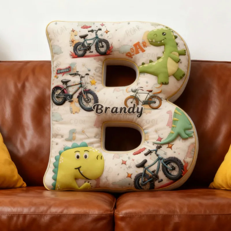 Personalized Dinosaur Bike Letter Pillow Graphic 3D Print Bow Letter Pillow Name Pillow Comfortable Travel Cushion for Kids Riding Lovers