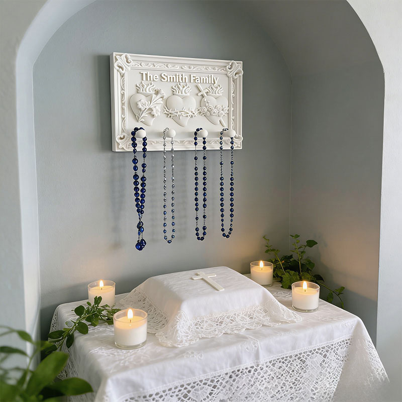 Personalized Sacred Hearts Wall Hanging Rack with Custom Family Name Catholic Home Decor Hanging Rosary Holder Prayer Space Wall Art Religious Gift