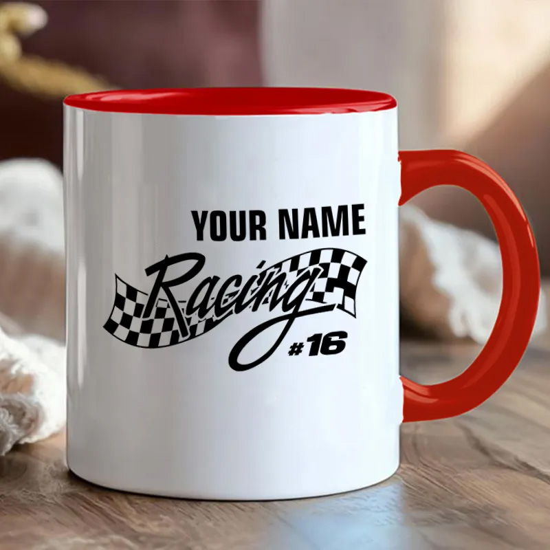 Personalized Racing Mug with Name and Checkered Flag for Outdoor Adventures Riding Cycling Biking Enthusiasts