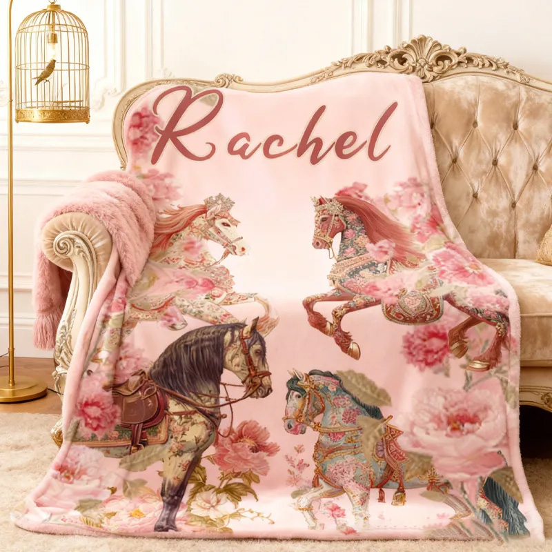 Personalized Riding Floral Blanket Equestrian Horse Custom Name Festive Flower Decor with French Countryside Gifts Family Blanket for Riding Lovers Equestrian Lovers