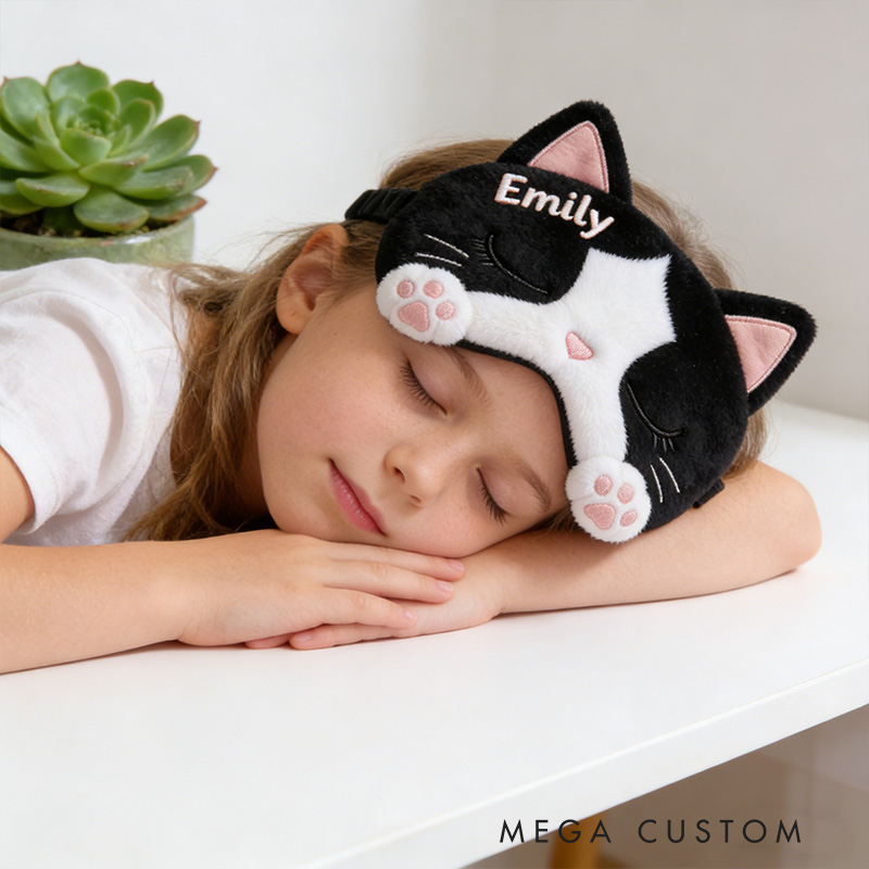 Personalized Whimsical Cat Sleep Eye Mask Custom Eye Cover Comfortable Gift for Children