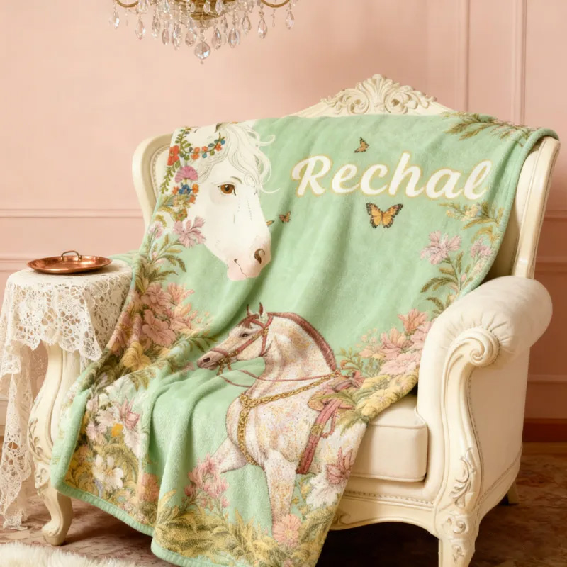 Personalized Riding Floral Blanket Flower Horse Custom Name Festive Flower Decor with French Countryside Gifts Family Blanket for Riding Lovers Equestrian Lovers