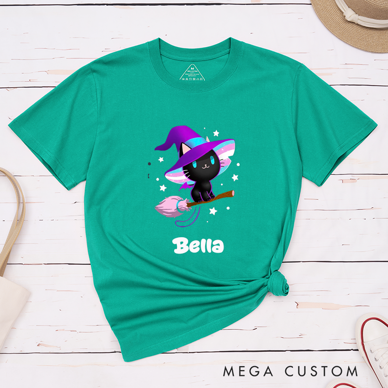 Personalized Cute Black Cat Witch Hat Classic T-Shirt Custom Name Gift for Cat Lovers Halloween Magic Cat Broom Unisex Tee 