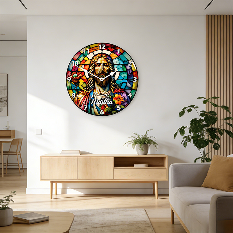 Personalized Jesus Stained Glass Wall Clock with Custom Name Graphic 3D Printed Wall Clock Home Decor Religious Gift for Christians