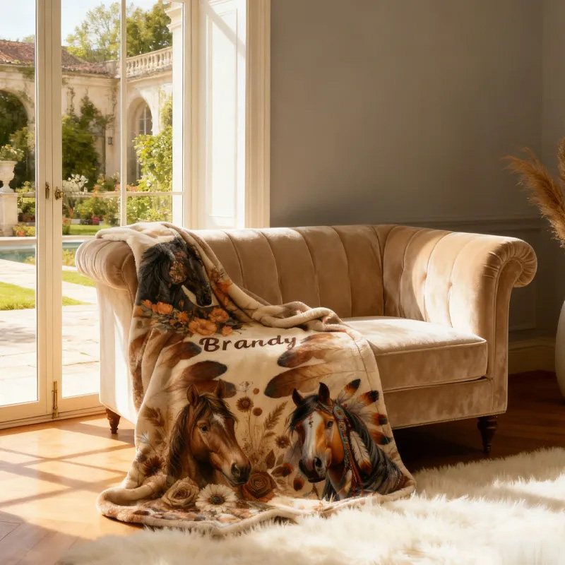 Personalized Riding Floral Blanket Feather Horse Custom Name Festive Flower Decor with French Countryside Gifts Family Blanket for Riding Lovers Equestrian Lovers