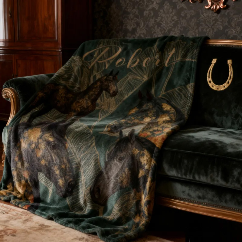 Personalized Riding Golden Leaves Blanket Equestrian Horse Custom Name Festive Flower Decor with French Countryside Gifts Family Blanket for Riding Lovers Equestrian Lovers