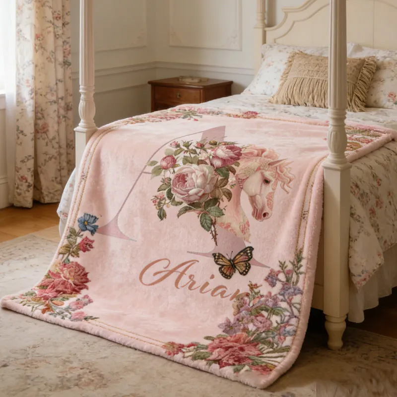 Personalized Initials Letter Riding Floral Blanket Floral Horse Custom Name Festive Flower Decor with French Countryside Gifts Family Blanket for Riding Lovers Equestrian Lovers