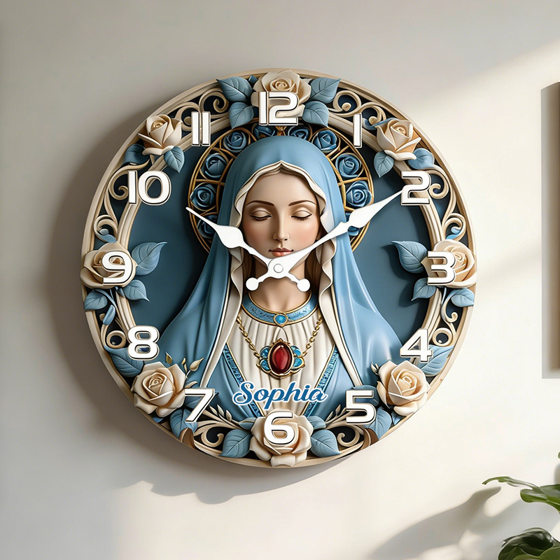 Personalized Mother of God Virgin Mary Wall Clock with Custom Name Graphic 3D Printed Wall Clock Catholic Decor Religious Gift for her